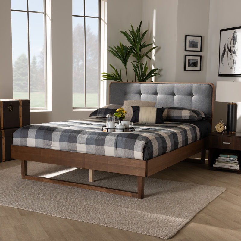 Artesha Mid-Century Modern Light Grey Fabric Upholstered And Ash Walnut Finished Wood King Size Platform Bed, Queen