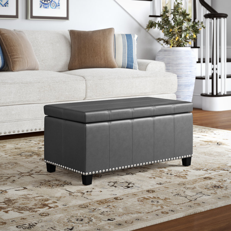 Amelia 33"W Upholstered Vegan Leather Transitional Rectangular Lift-Up Storage Ottoman Bench with High-Density Foam