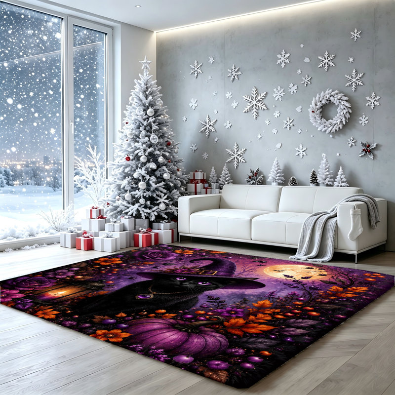 Tapis anti-dérapant Mystical Black Cat Witch Hat Moon Night, Rectangle 8 pi 2 po x 5 pi 11 po (250 x 180 cm)
