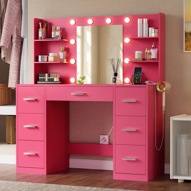 Ragin Makeup Vanity With Usb Power Outlet And 3 Modes Adjustable Brightness Light, Deep Pink