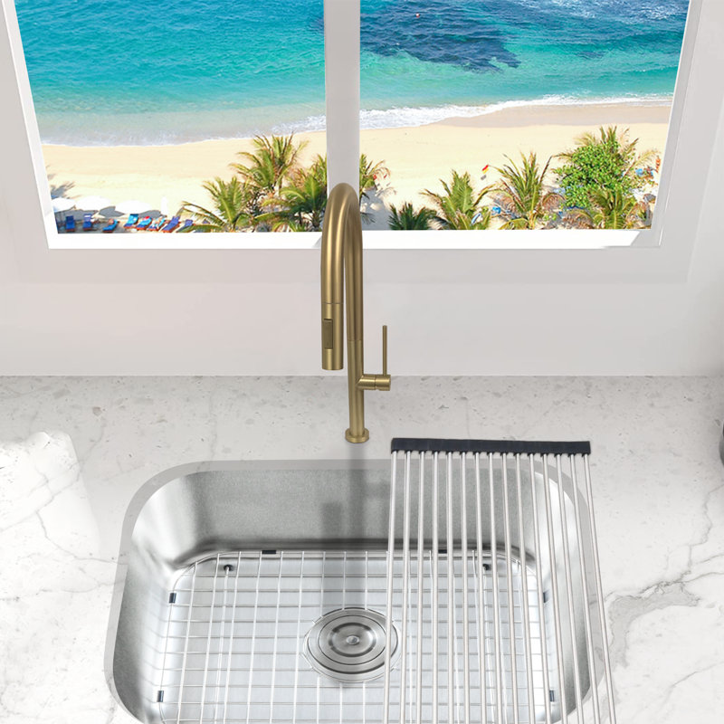 KBFmore 17.63 Inch Dual Function Stainless Steel Kitchen Faucet with Pull Out Down Spray Head, Brushed Brass Gold