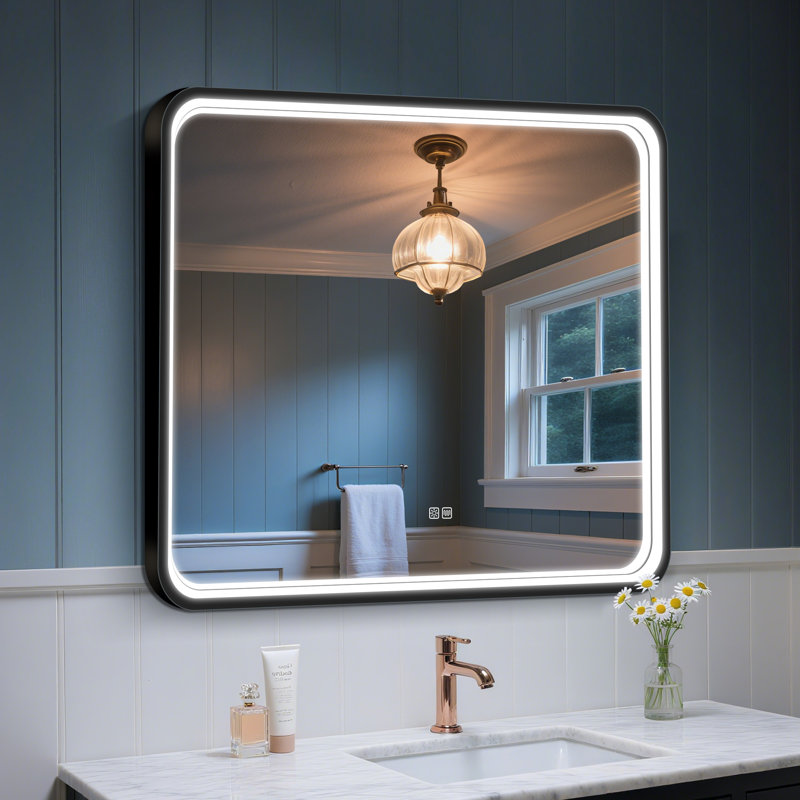 Cadre noir avec miroir DEL 90 x 90 cm, luminosité réglable, 3 couleurs, antibuée, contrôle tactile, à brancher