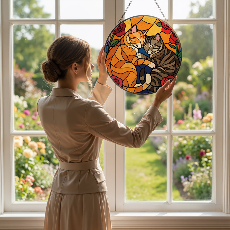 Panneau de vitrail 12 "H Cats Roses, H 7,8 po x l 7,8 po