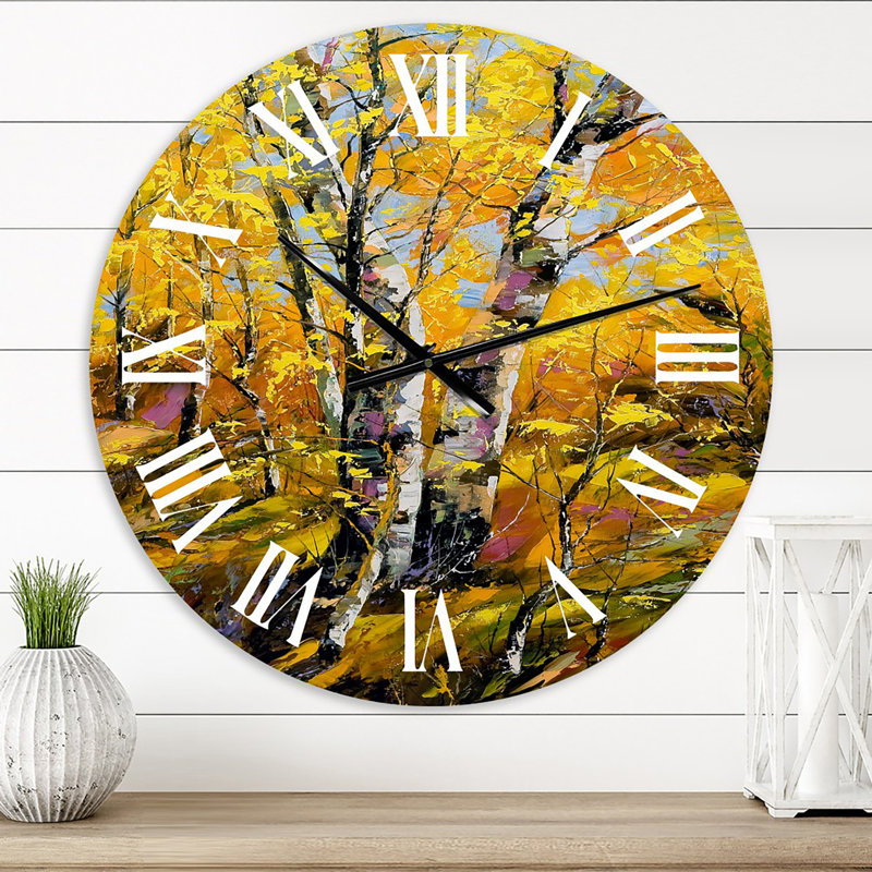 Bouleaux en bois d'automne jaune - horloge murale champêtre, Surdimensionné