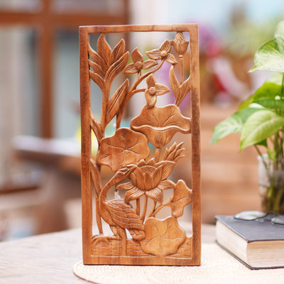 Hand Carved Heron Pond Lotus Wall Relief Panel