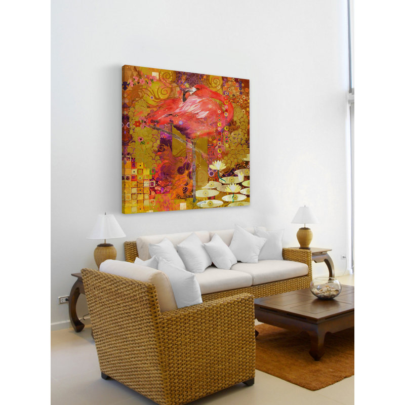 Large Pink Flamingo Canvas Art with Gold Accents