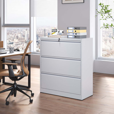 Makeace 35.43"W 3-Drawer Lateral File Cabinet with Lock - Heavy-Duty Metal Filing Cabinet for Home Office, Letter/Legal/A4/F4, Assembly Required,White