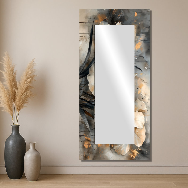 Iris jaune gris Desire II - miroir mural floral - imprimé sur métal, 28 po x 60 po
