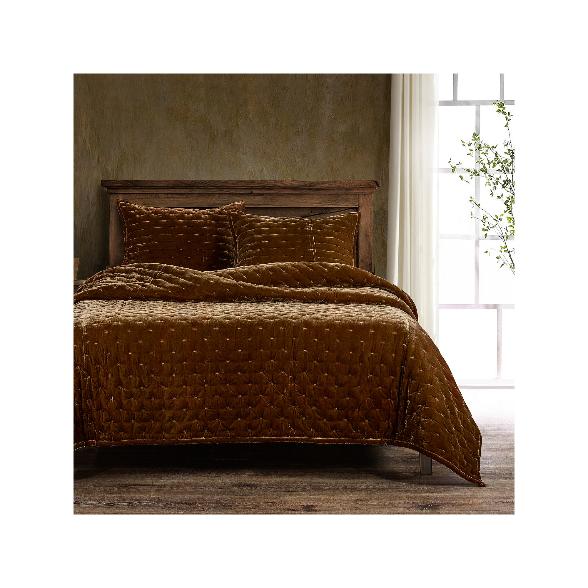 Stella Faux Silk Velvet Classic Chic Modern Rustic Romantic Western 1 Piece Quilt, Copper Brown, Twin Quilt