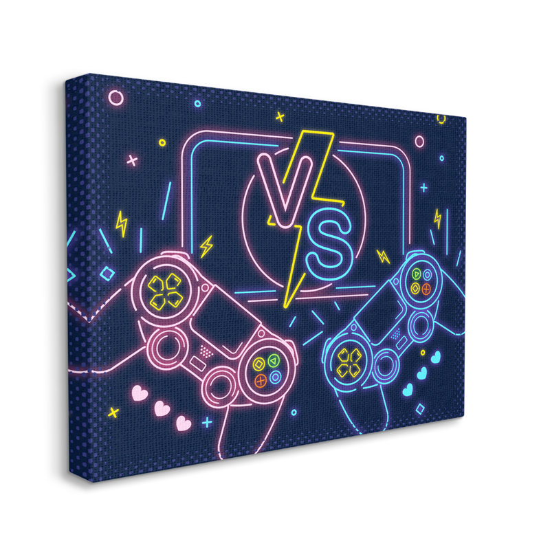 «Video Gamer Two Jouers Controllers Neon Style» par Ziwei Li - impression, H 36 po x l 48 po x P 1,5 po, Toile tendue