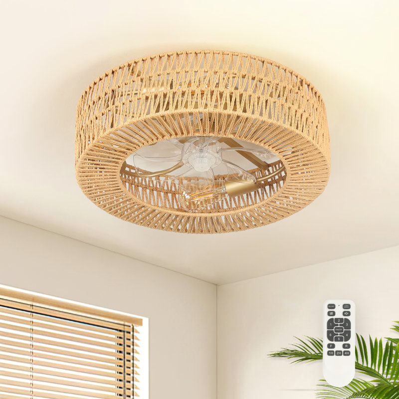 Aarzo 19.6'' 7-Blade Rattan Caged Ceiling Fan with Light Kit and Remote Control