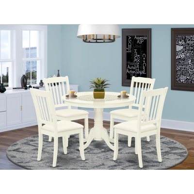 5 Piece Dining Room Table Set Includes a Round Kitchen Table with Pedestal and 4 Linen Fabric Upholstered Dining Chairs, Linen White