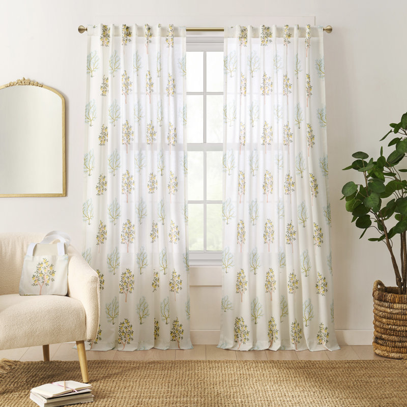 Trees 63" Backtab White Multi 2pk Curtain Panel W/Tote Bag, 50" W x 63" L