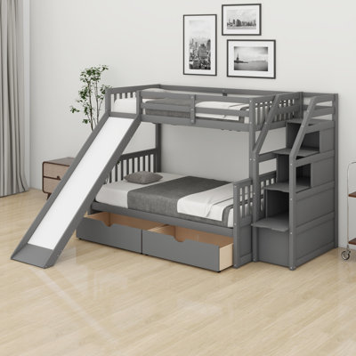Twin Over Full Bunk Bed With Drawers, Pine Wood Bunk Bed With Slide And Storage Staircase And Guardrails, Teens Bedroom, Guest Room Furniture