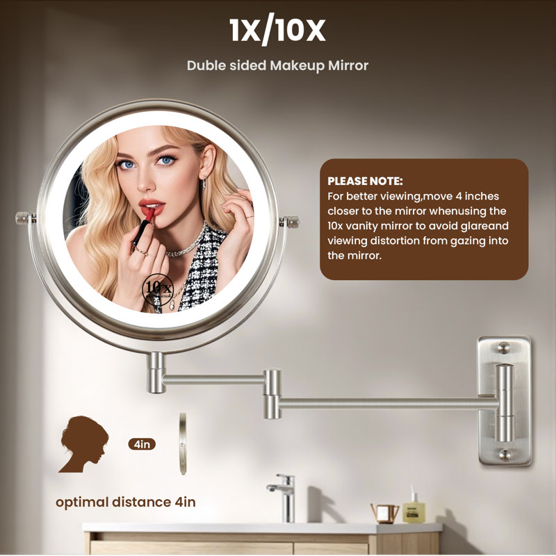 8" LED 1X/10X Magnifying Makeup Mirror, Brushed Nickel