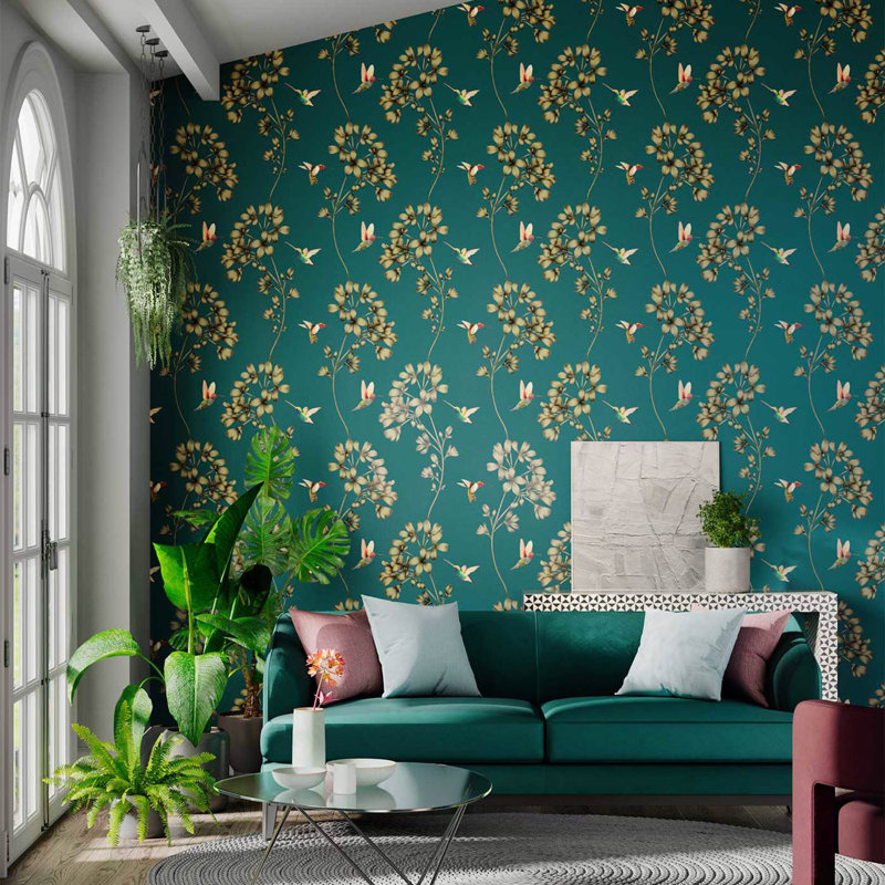 Amazilia 10.05m x 68.6cm Wallpaper Roll, Teal/Gold