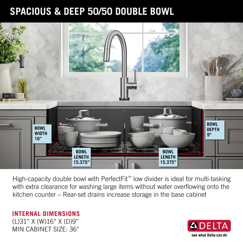 Delta Rivet™ 33" L Black Stainless Steel Undermount 16 Gauge Workstation Kitchen Sink Double Bowl