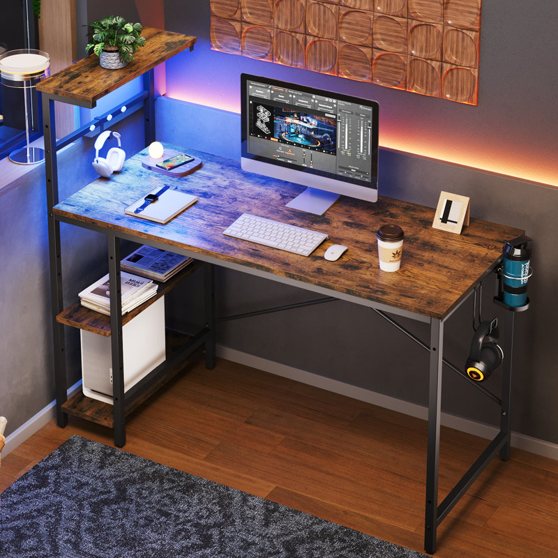 Nedyo Gaming Desk with RGB LED Light, Computer Desk with 4 Tier Reversible Storage Shelves, Hooks, Cup holder and Magnets