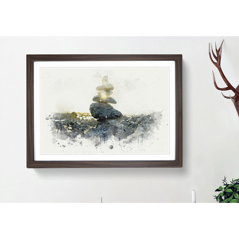 Rock Cairns with Sunlight in Abstract - Picture Frame Graphic Art Print, 35cm H x 50cm W x 2cm D, Walnut