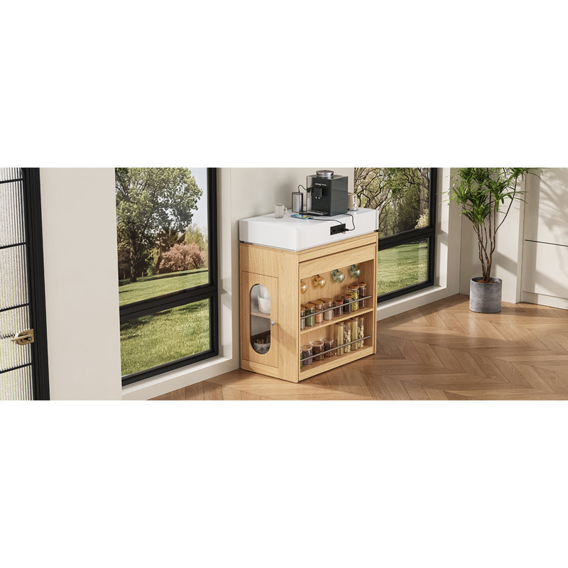 Storage Cabinet with Extendable Dining Table, Natural, 37.8" H x 57.7" W x 32.7" D