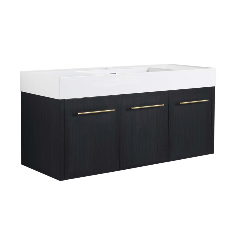 Meuble-lavabo mural 48 po avec lavabo, lavabo en résine à rebords épais et charnières à fermeture en douceur pour salles de bain modernes