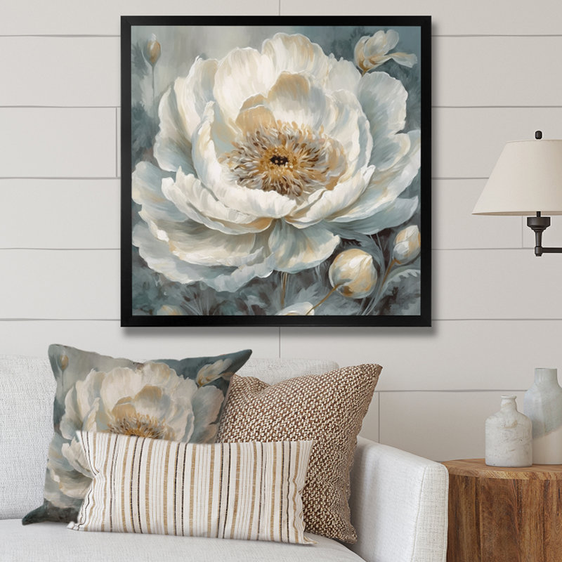 White Blue Peony Symphony II, reproduction d'art sur toile, Cadre photo noir, H 16 po x l 16 po x P 1 po