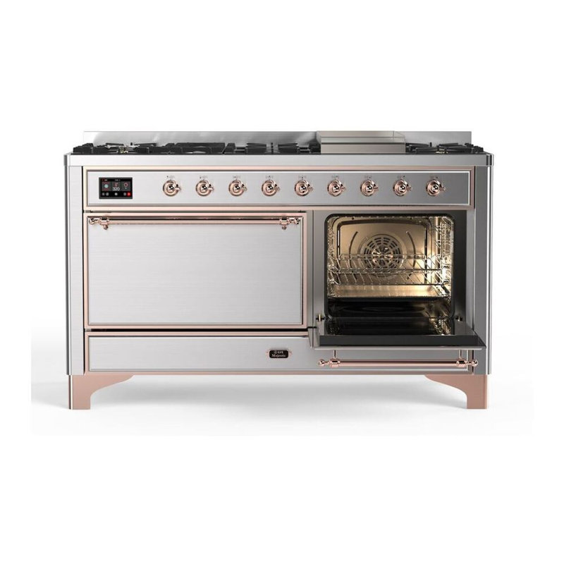ILVE UM15FDQNS3BKCLP Majestic II 60 inch Dual Fuel Range with 9 Burners, Griddle (Liquid Propane, Solid Door, Glossy Black, Chrome)