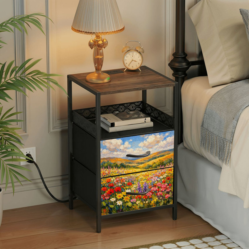 Table de chevet 2 tiroirs avec station de charge, table de chevet de chambre à coucher avec ports USB et prises ouvertes - tablette noire