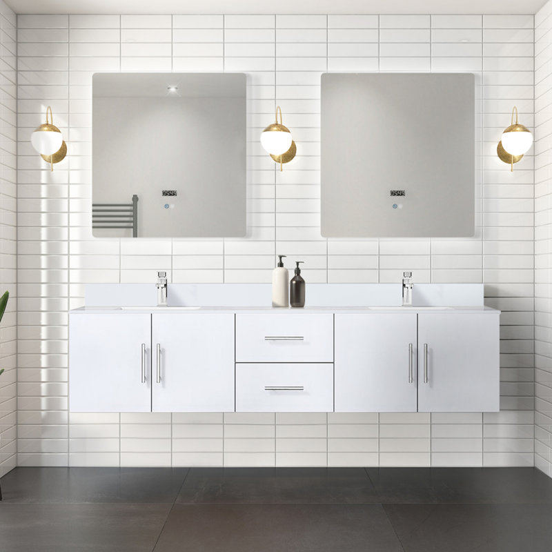Meuble-lavabo double 80 po X P 22 po D, avec plateau en quartz blanc, Blanc lustré