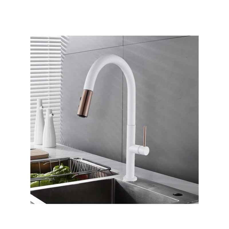 Robinet de cuisine laiton avec douchette extractible, Blanc