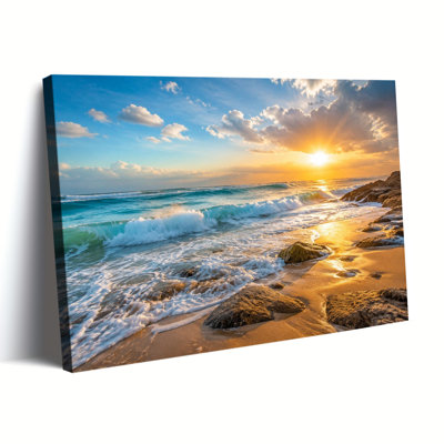 Luxury Coastal Ocean Sunset Beach Wave Landscape on Canvas Gallery Wrapped Wall Art