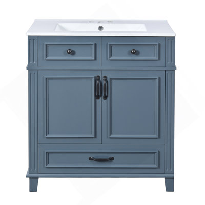 Meuble-lavabo bleu 30 po avec lavabo en céramique, structure en bois massif, portes à fermeture douce et grand espace de rangement pour une élégance moderne