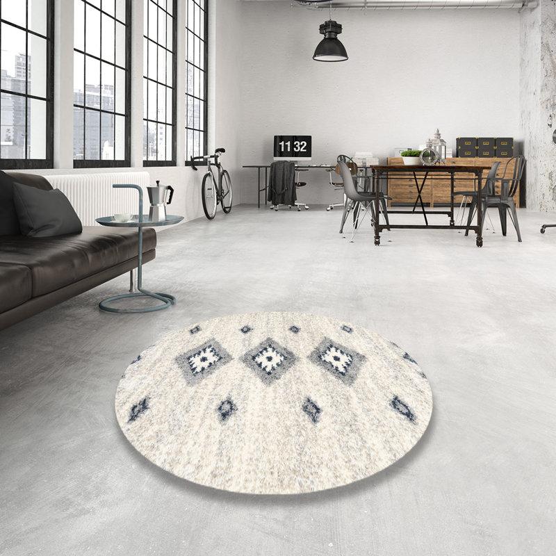 Tapis contemporain beige / gris, Rond 6 pi x 6 pi