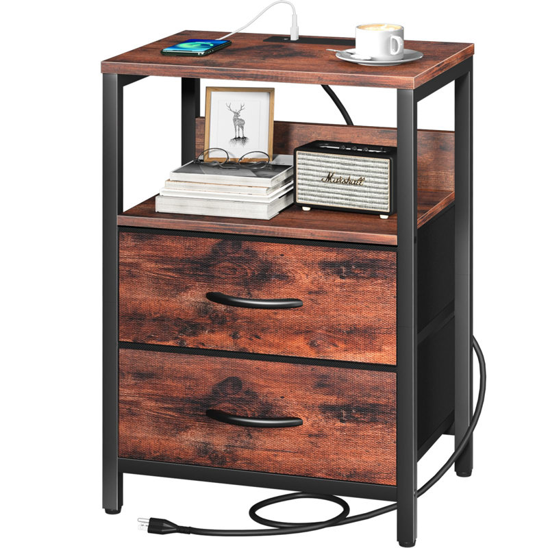 Nightstand with Charging Station, Berry Brown/Black
