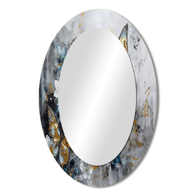 Golden Blue Butterfly Wings And Flowers III - Floral Oval Decorative Mirror On Metal