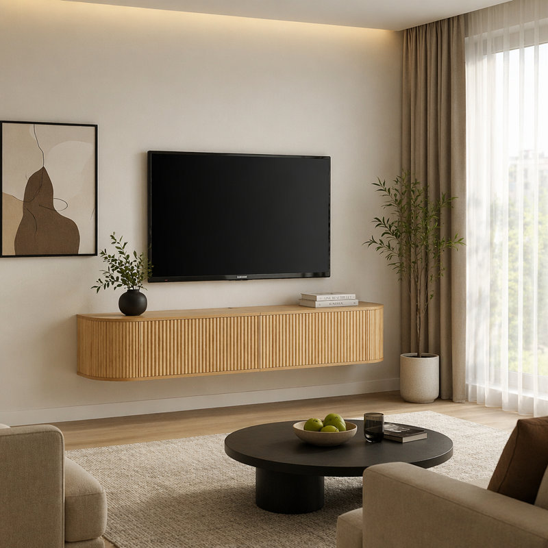 Meuble télé mural flottant avec portes cannelées, console multimédia de grande capacité avec trous de gestion des câbles, 71"