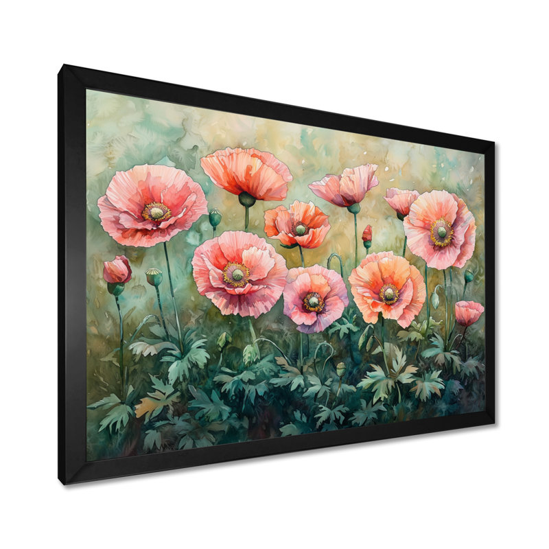 Printemps, coquelicots roses, horizon écarlate I - coquelicots, art mural, H 12 po x l 20 po, Cadre simple noir