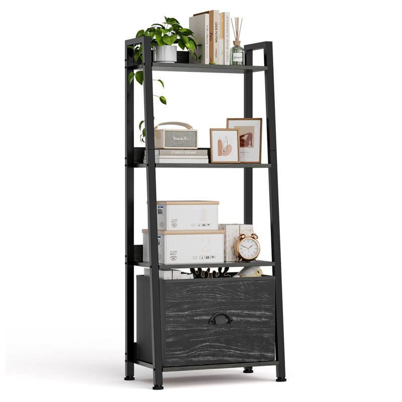 Ladder Shelf, Upgraded Elevated Wood Ladder Bookshelf with Drawer, Ladder Shelf Bookcase, Tall Bookshelf with Steel Frame, Rustic Storage Rack for Living Room, Home Office, Bedroom