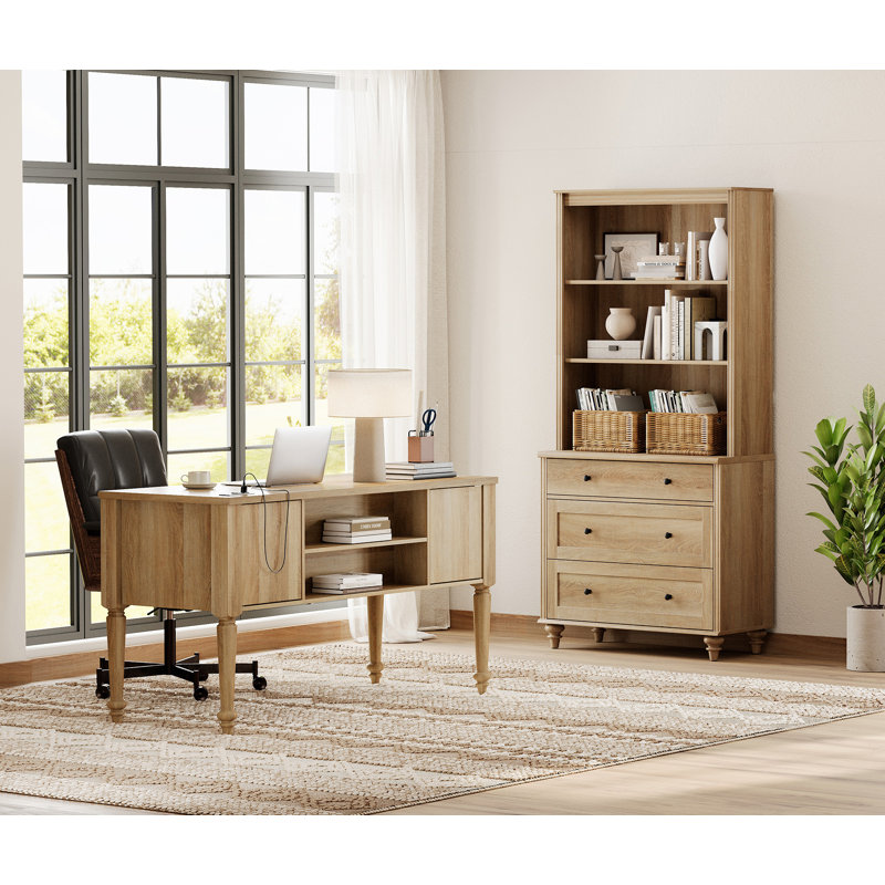 Ensemble de bureau 2 pièces, bureau double 56 "et bibliothèque avec tiroirs, chêne