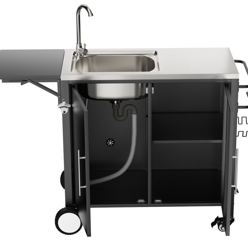 Table de barbecue extérieure avec évier et surface de travail pliable, îlot de cuisine en métal, roulettes pour chariot roulant, acier inoxydable 304, évier à usages multiples, plateforme verrouillable à 360 roues, armoire