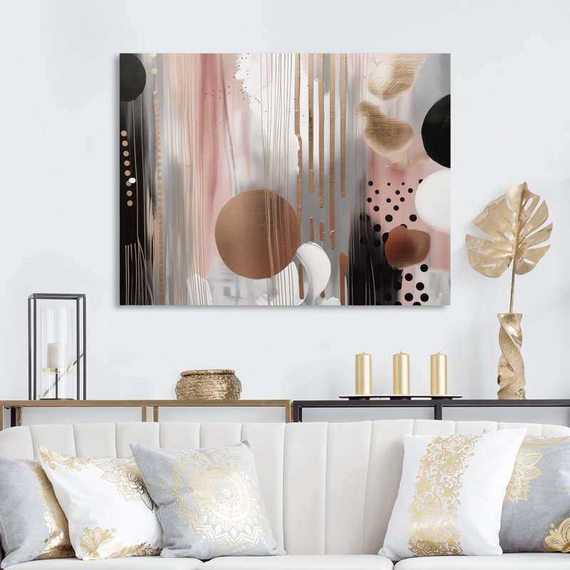 «Pink Rosegold Captivating Circle I - Modern Shapes», impressions sur toile transitionnelles, L 44 po x H 34 po, Toile tendue