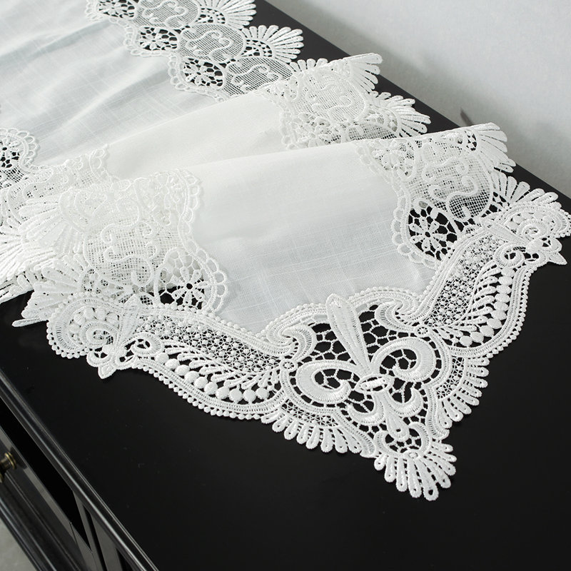 Linen Blend With Embroidery Lace Table Runner, 35"L x 16"W, Off White