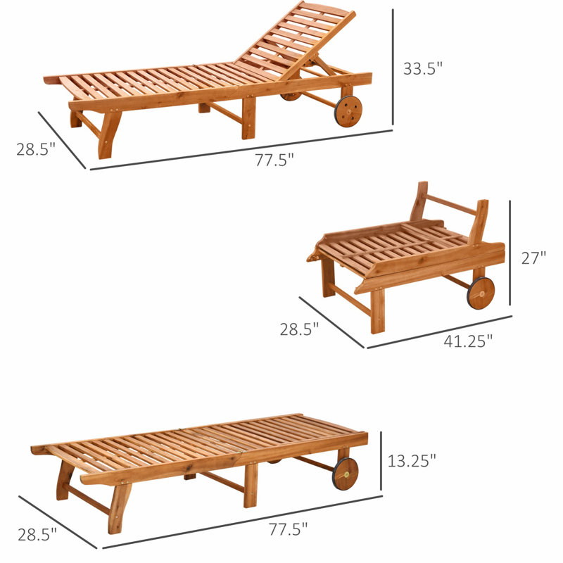 Outdoor Folding Chaise Lounge, Wood Frame Single Chaise With Wheels, Modern Patio Chaise Lounge