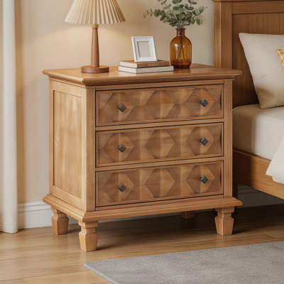 3 Drawer Wood Nightstand with Geometric Drawer Design and Built-In Charging Station