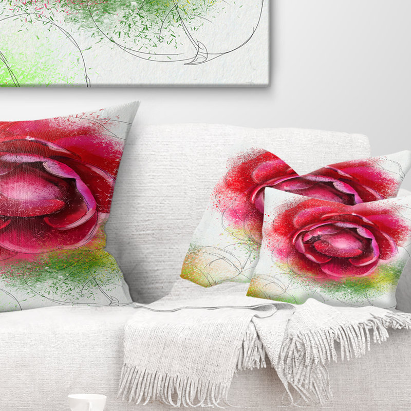 Coussin décoratif à grandes fleurs rouges sur fond blanc, Rectangle, 12 po x 20 po