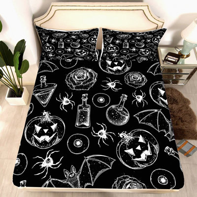Spooky Spider Bats Bedding Set - Fitted Sheet with Pumpkin Lantern Silhouette - Queen Size Magical Potion Decorations