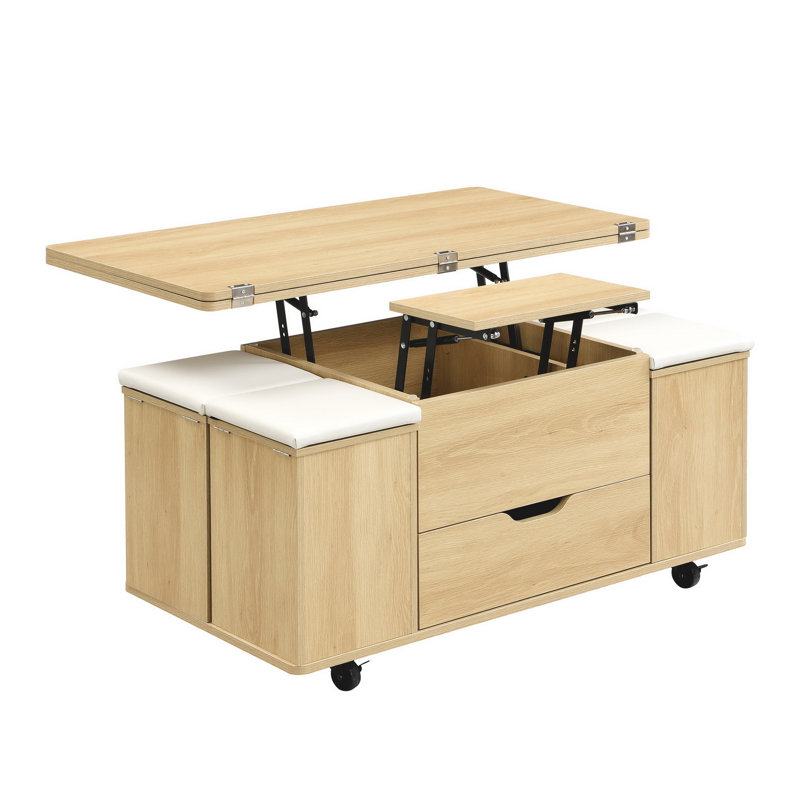 Table basse à plateau relevable 39,4 po avec 4 tabourets, rangement caché et roulettes