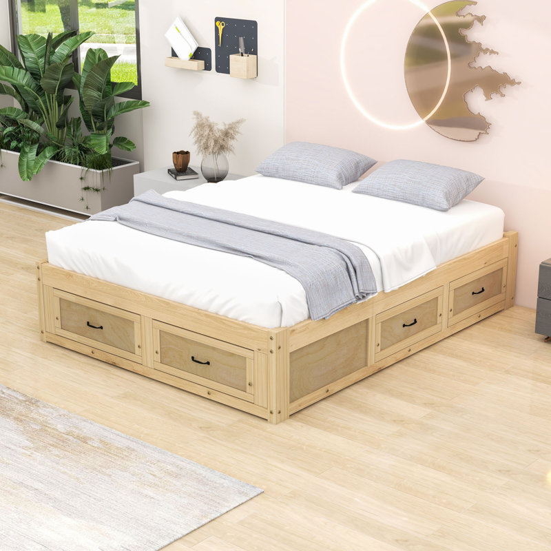 Wooden Platform Bed with 6 Drawers, Antique Natural, Queen