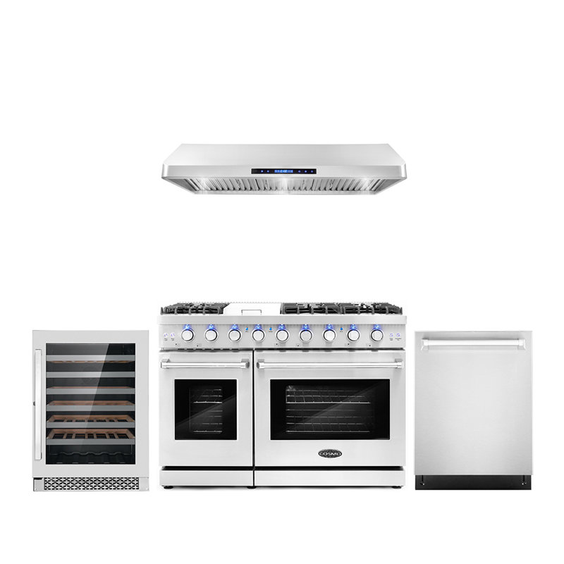 Ensemble de cuisine 4 pièces avec hotte autoportante 48 po encastrée 48 po avec hotte au gaz intégrée 48 po et réfrigérateur à vin autoportant 48 bouteilles