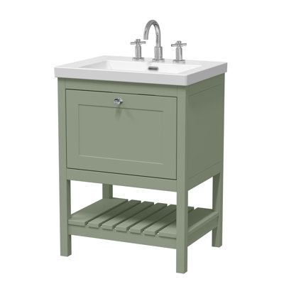 Old London Bexley 600mm Fern Green 1 Drawer Floor Standing Vanity Unit With 3 Tap Holes Contemporary Fireclay Basin
